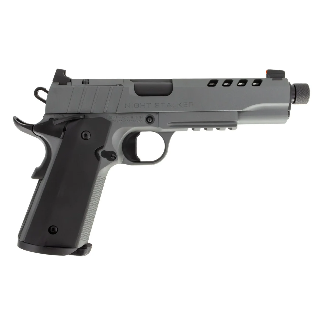 Tisas 1911 Night Stalker 9mm pistol with threaded barrel, black Cerakote finish, forged steel frame, and Novak-style sights
