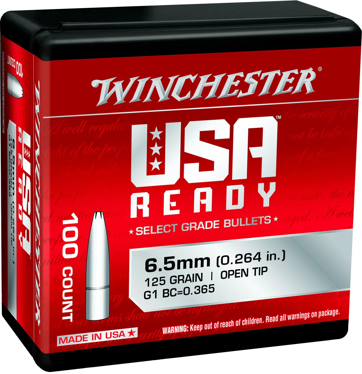 Winchester WBR65125 6.5 Creedmoor 125-grain open tip bullets, 100-count box, designed for precision shooting and target applications.
