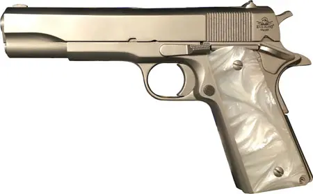 Rock Island Armory GI Standard FS 1911 pistol chambered in .45 ACP with 5-inch barrel, matte nickel finish, mother of pearl grips, and California compliance