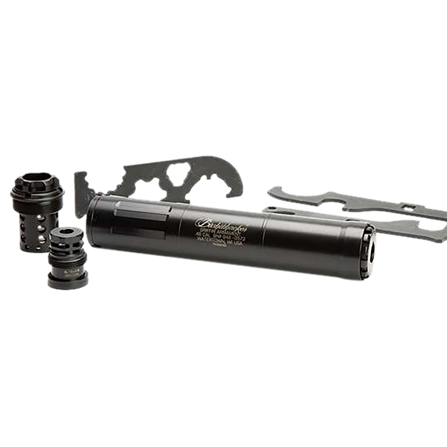 Griffin Armament Bushwhacker 46 suppressor in black nitride, 1.50″ diameter, multi-caliber modular design