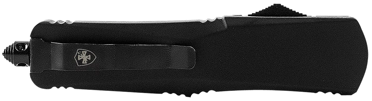 Templar Knife SBR131 small out-the-front automatic knife featuring a 2.25-inch black 440C stainless steel dagger blade and a black rubber-coated aluminum handle, designed for compact utility and firm grip.