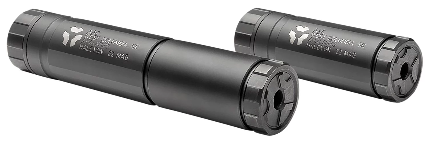 Advanced Armament Company Halcyon (SKU: 64283) – .22 caliber modular rimfire suppressor with black PVD finish, configurable lengths of 5.8 inches and 3.41 inches, constructed from titanium and 17-4PH stainless steel.