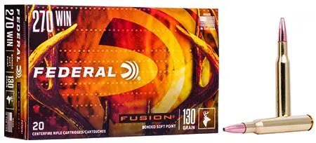 Federal Fusion .270 Winchester 130-grain Soft Point ammunition box with cartridges displayed.