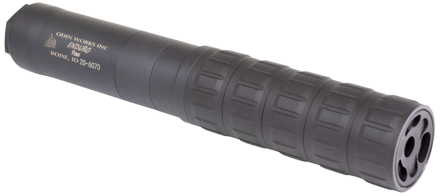 Odin Works Enduro suppressor in black titanium, compact multi-cal design