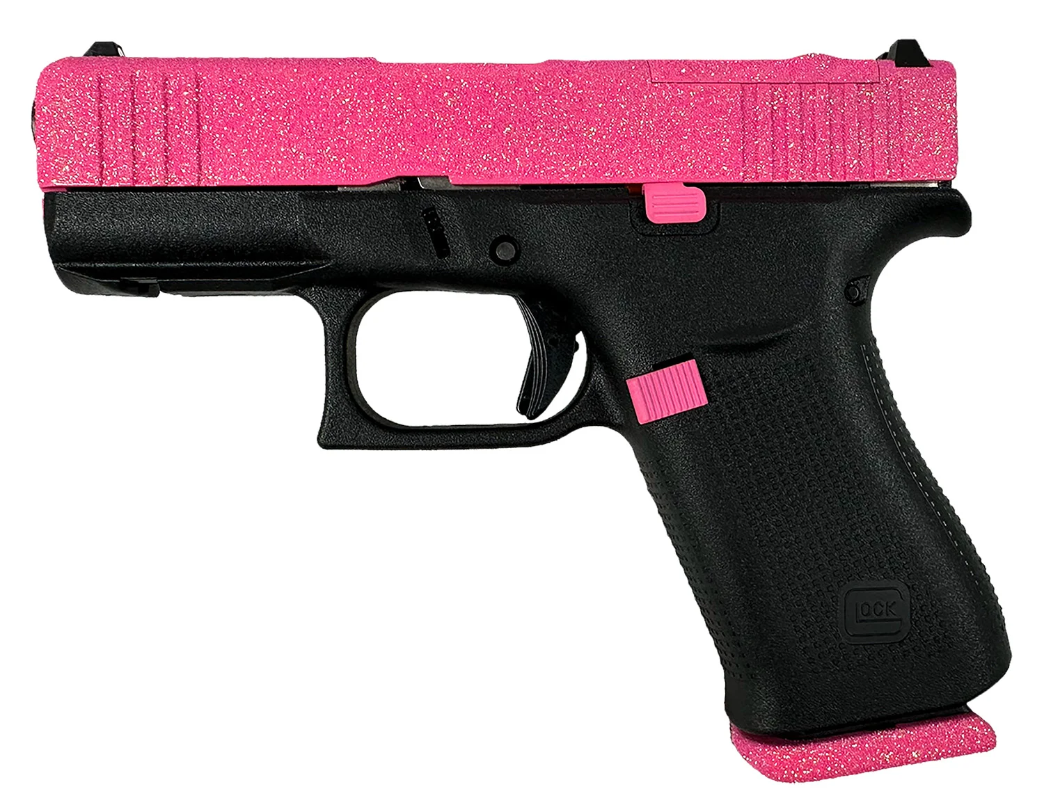 Glock G43X MOS 9mm Pink Ice Cerakote pistol with 3.41" barrel, 10-round capacity, and optic-ready slide