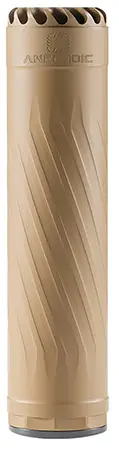 Anechoic AnechoX 35 Suppressor – A versatile, 6.5-inch suppressor with a 1.62-inch diameter, constructed from Grade 5 STA 1000 titanium and 17-4 H900 stainless steel, featuring a Flat Dark Earth Cerakote finish.