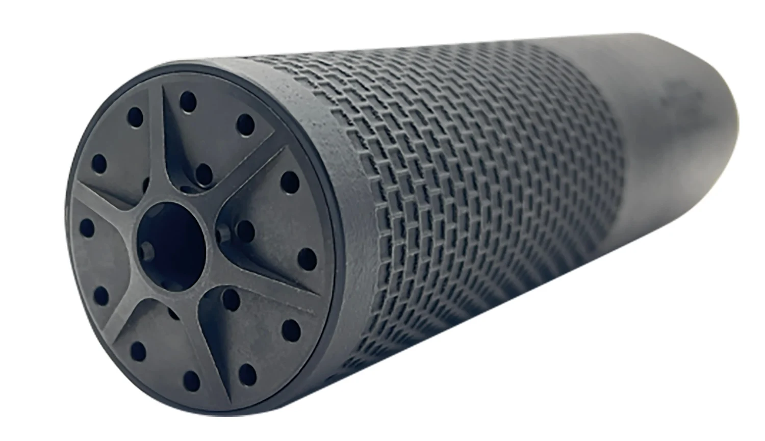 Otter Creek Infinity 7.62 suppressor in black Cerakote, 1.75″ diameter, 6.5″ length