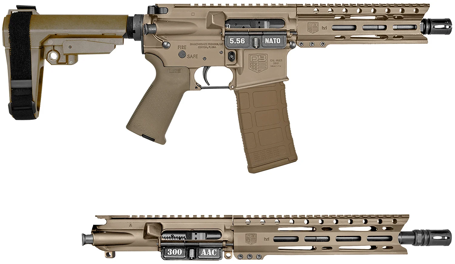 Diamondback DB15 AR pistol with dual uppers in .300 Blackout and 5.56 NATO, 10″ barrel, M-LOK handguard, SBA3 brace, black finish