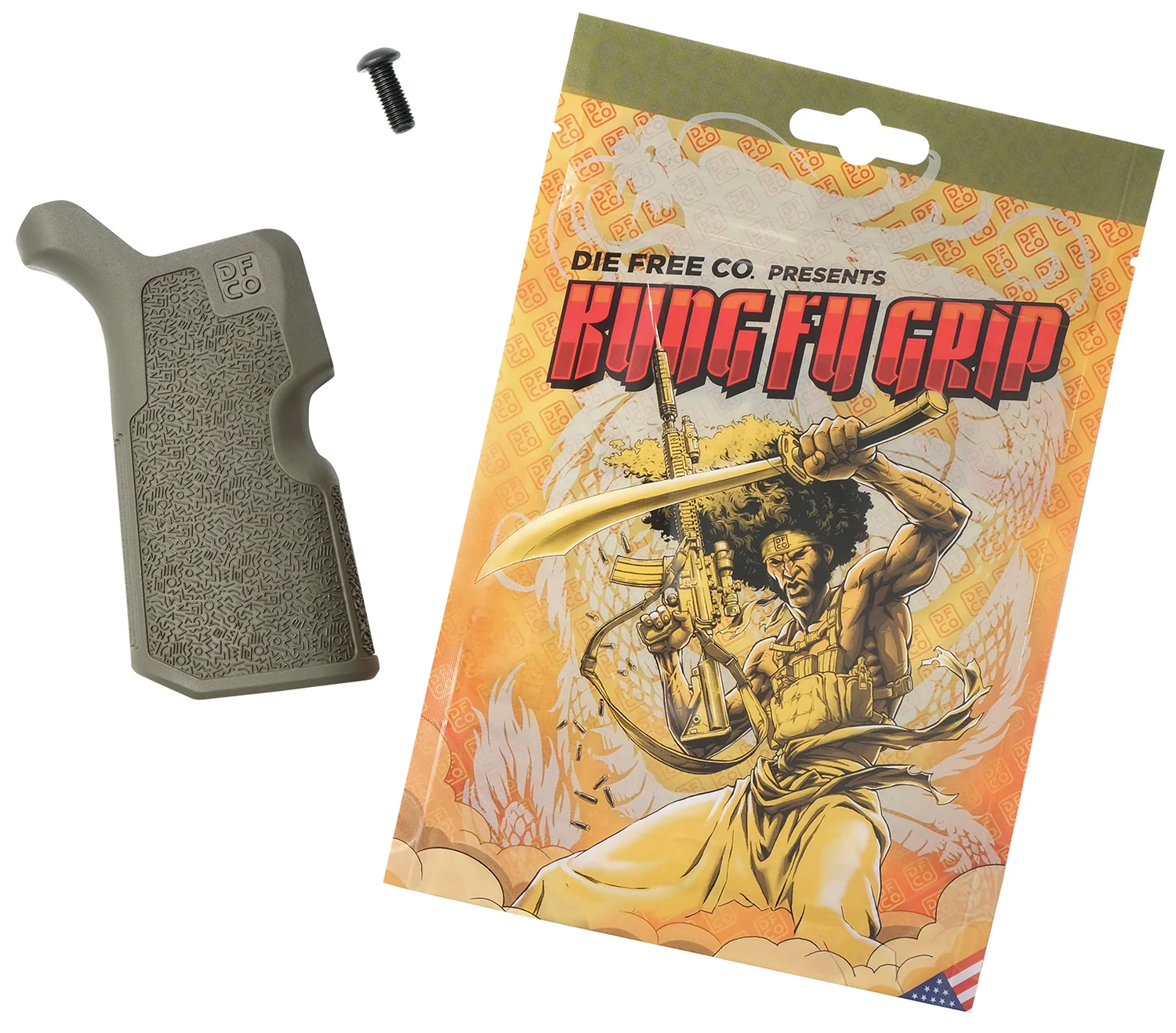 Die Free Co Kung Fu Grip in olive drab green nylon with 12-degree angle for AR-style rifles