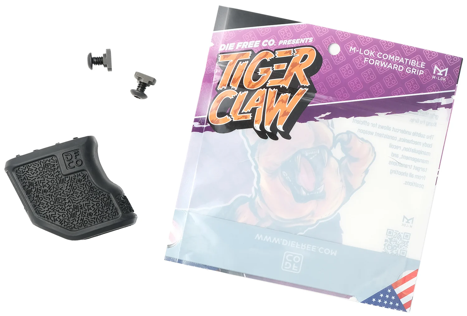 Die Free Co Tiger Claw angled handstop in black nylon for M-LOK rail systems