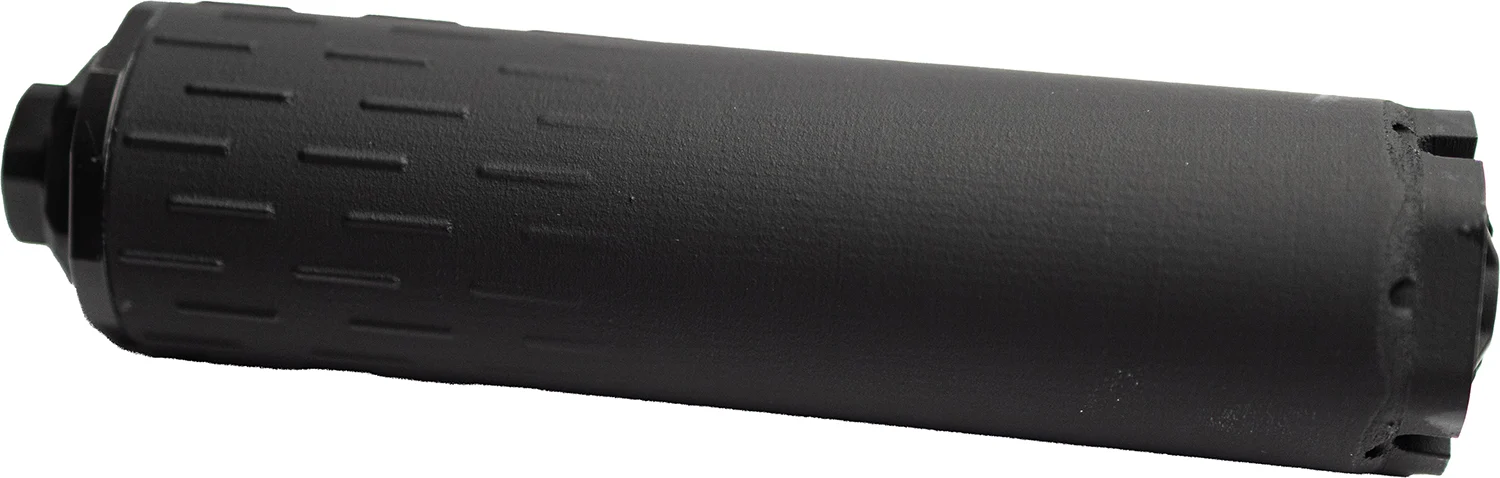 HUXWRX FLOW 9K Ti titanium 9 mm suppressor with ½×28 booster, 1.47″ diameter, black Cerakote finish