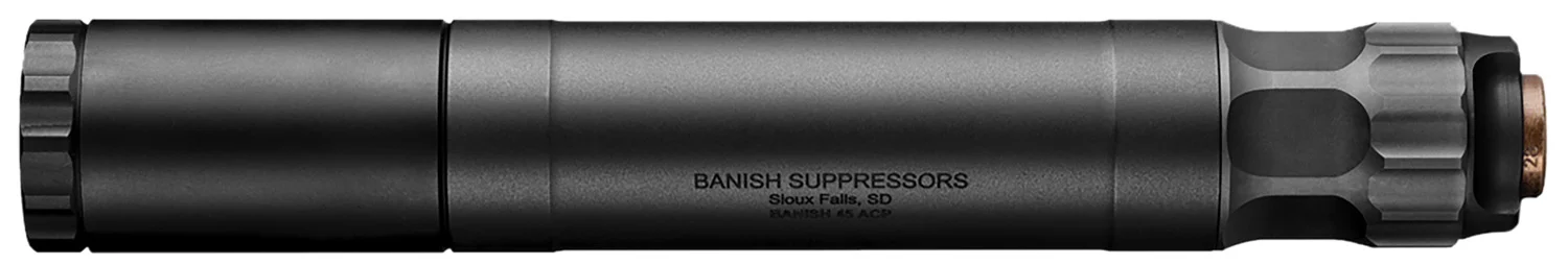 Banish 45 suppressor in black aluminum/titanium modular configuration with .578×28 piston