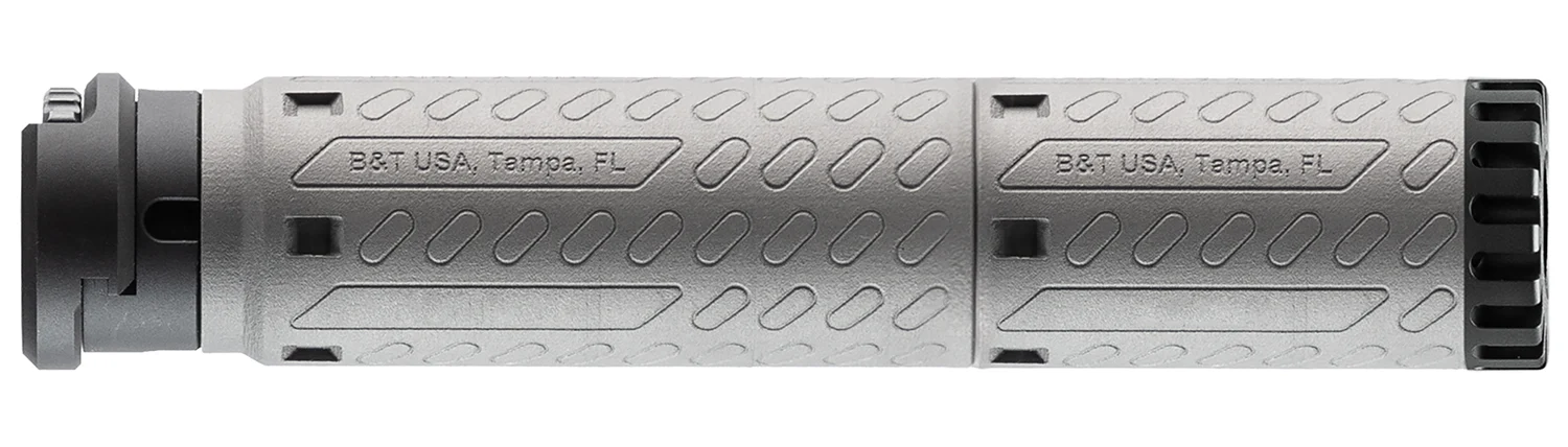 B&T SMG‑M‑40/10 suppressor in gray titanium, 1.70″ diameter, designed for .40 S&W and 10 mm platforms with quick-detach mount