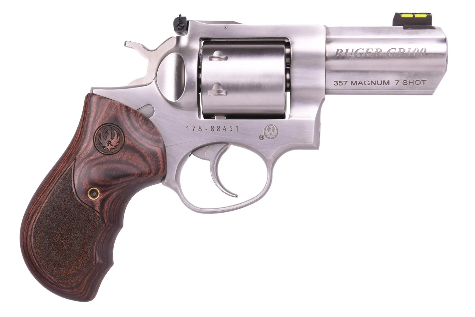 Ruger GP100 revolver chambered in .357 Magnum with 3-inch stainless barrel, 7-shot unfluted cylinder, and double/single action operation