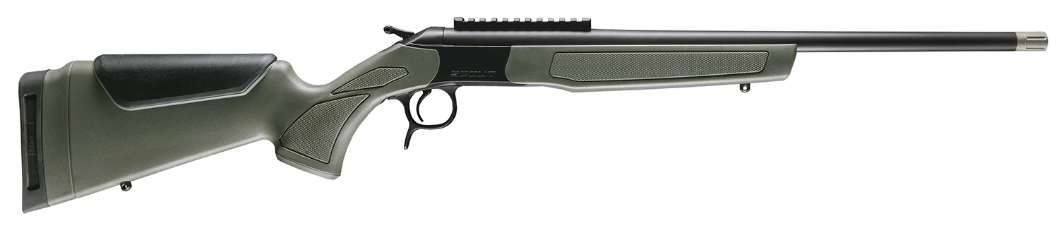 CVA Scout Spur CR4918 single-shot .410 shotgun with 20-inch blued barrel, Picatinny rail, and OD green/black synthetic stock
