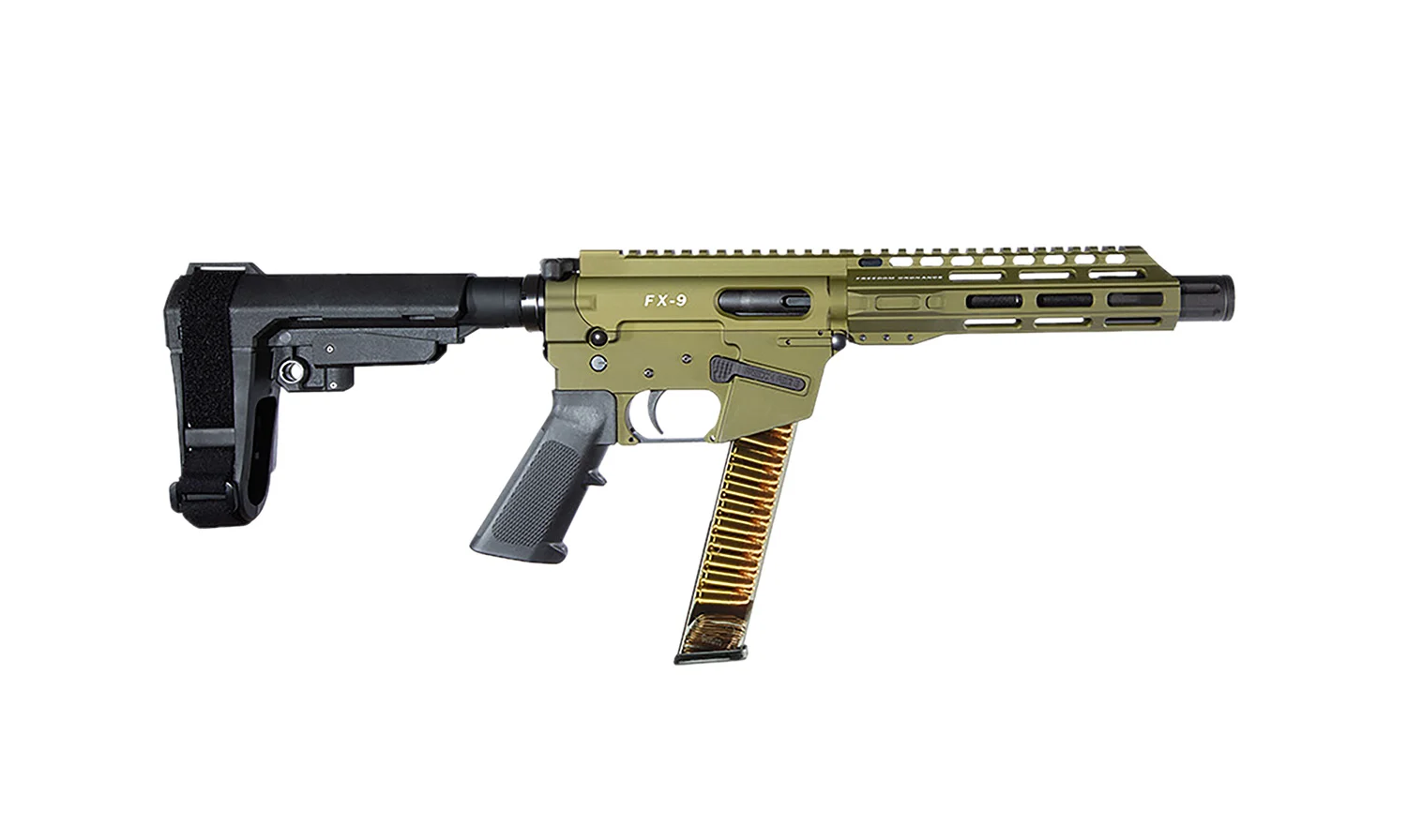 Freedom Ordnance FX9P8S‑ODG FX9P 9mm pistol with 8″ barrel, OD green finish, 31-round magazine