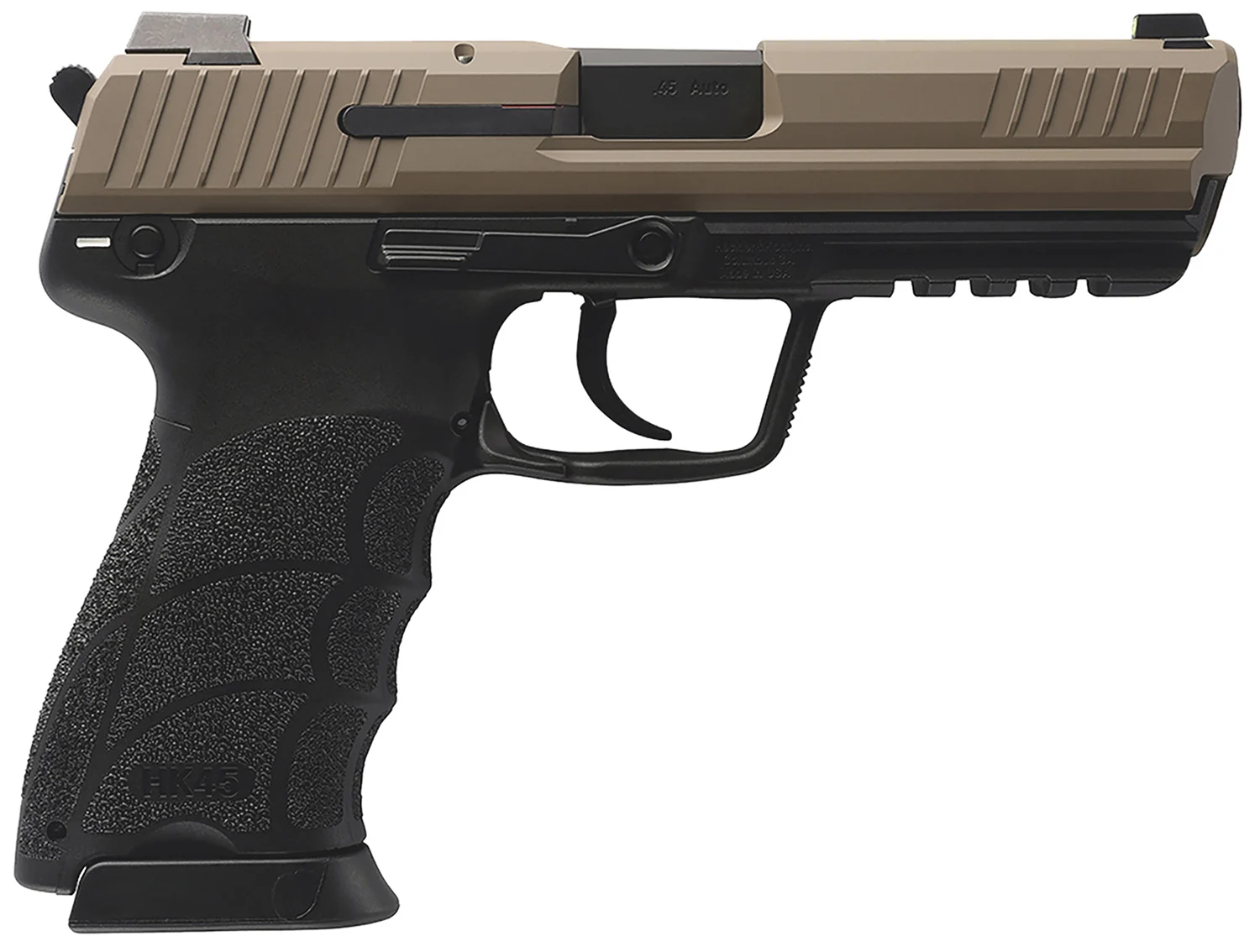 HK HK45 V1 .45 ACP semi-auto pistol with 4.46″ polygonal barrel and Flat Dark Earth frame