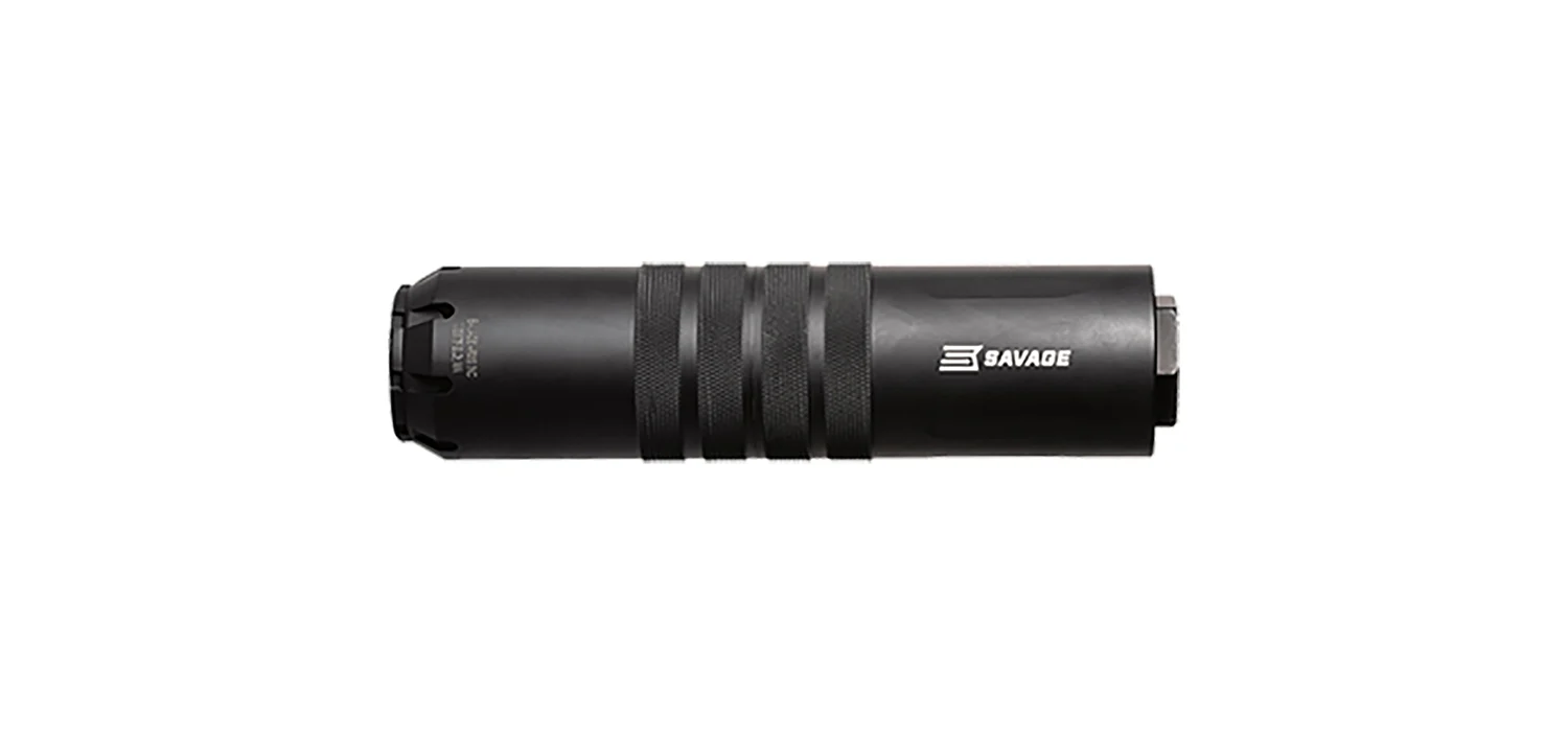 Savage Arms Accucan 30 cal suppressor, aluminum construction, 1.75" diameter, black anodized finish, 5/8x24 thread