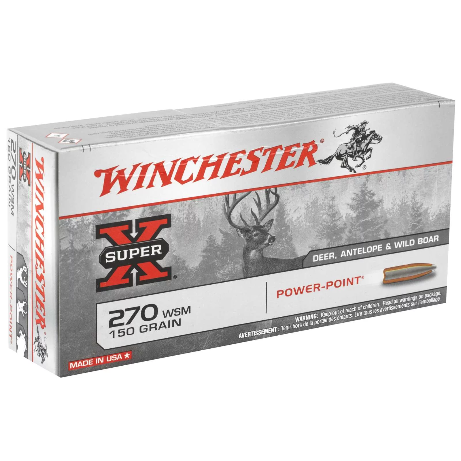 Winchester Super-X .270 WSM 150-grain Power-Point ammunition box and cartridge.
