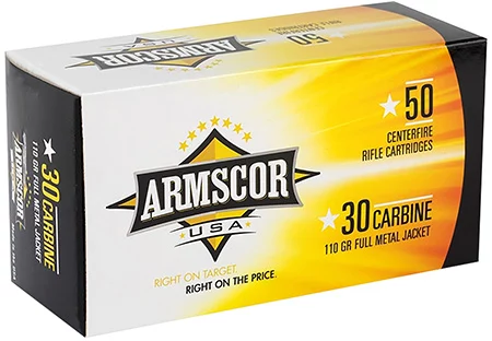 Close-up of the Armscor FAC30CIN .30 Carbine 110gr FMJ ammunition box with clear labeling and high-quality packaging.