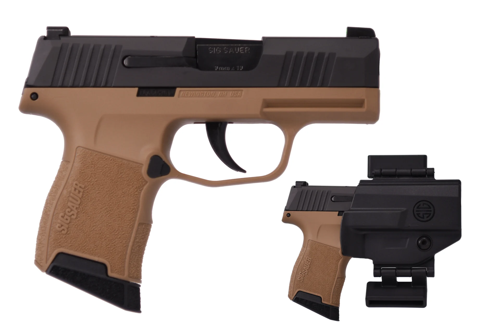 SIG Sauer P365 9mm pistol with 3.1-inch barrel, optic-ready slide, black/FDE grip, and 10-round magazine