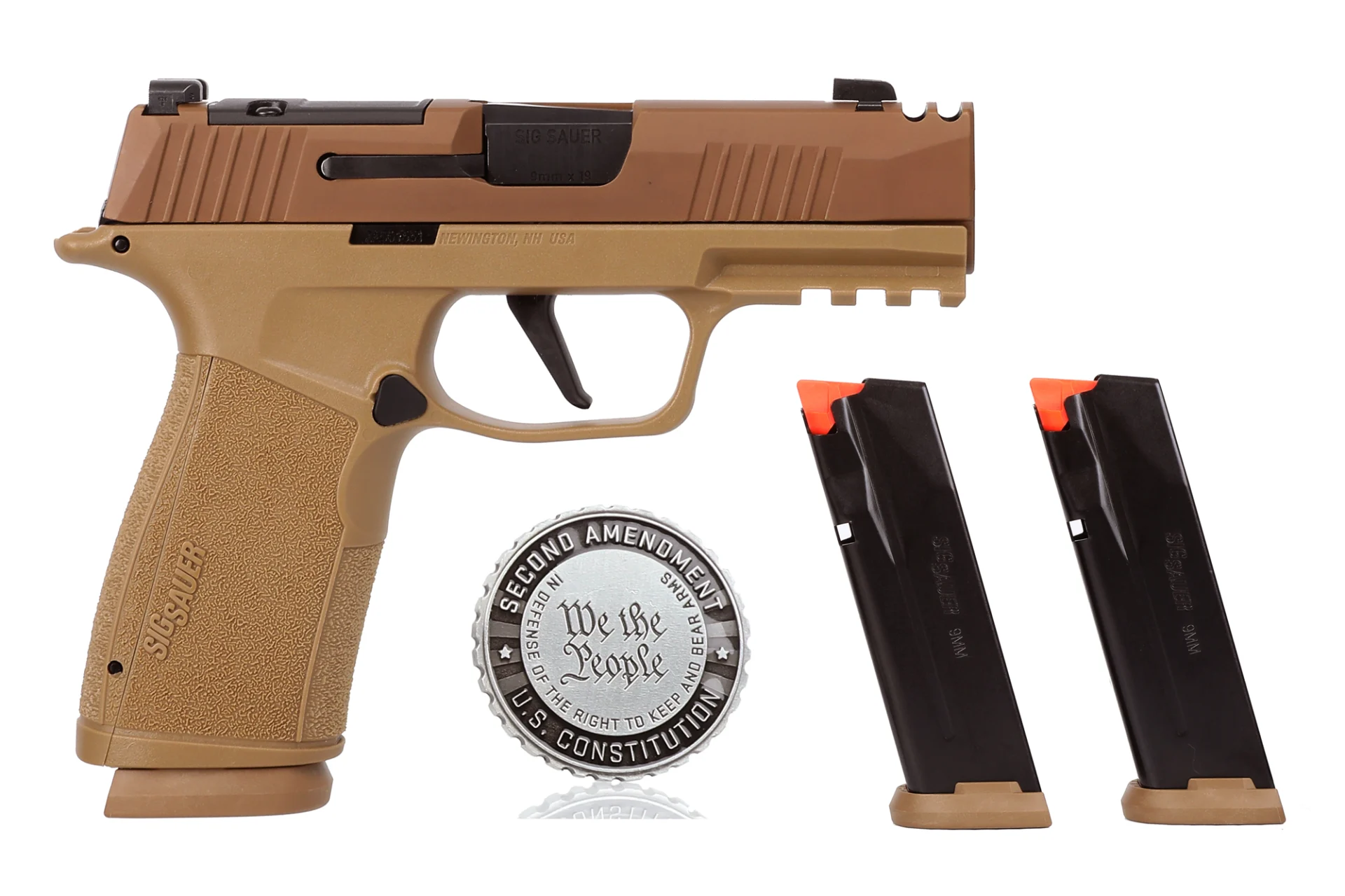 SIG Sauer P365X-MACRO COMP 2A Edition 9mm pistol with 3.1-inch barrel, coyote tan finish, black grip module, and 17-round magazine