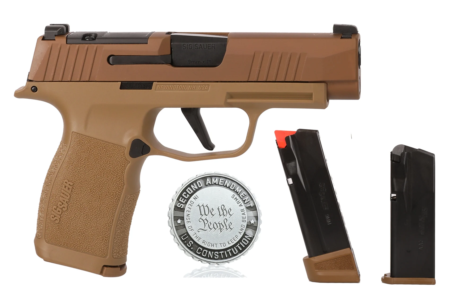 SIG Sauer P365XL 2A Edition 9mm pistol with 3.7-inch barrel, coyote tan finish, optic-ready slide, and XRAY3 sights