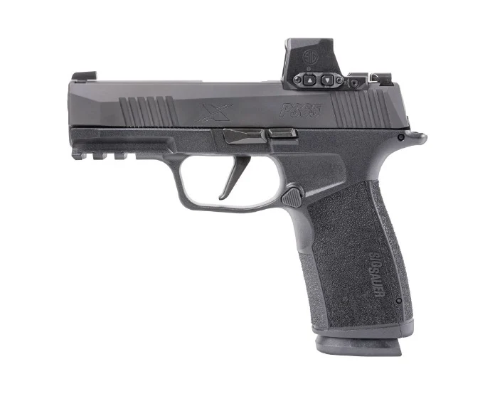 SIG Sauer P365X-MACRO 9mm pistol with 3.7-inch barrel, ROMEO-X Compact red dot sight, black grip module, and 17-round magazine