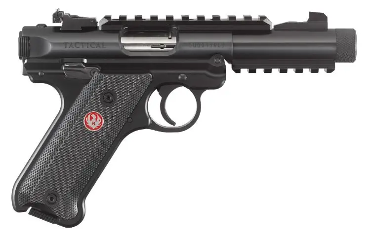 Ruger Mark IV Tactical .22 LR pistol with 4.4-inch threaded barrel, black anodized upper, and gray synthetic checkered grips