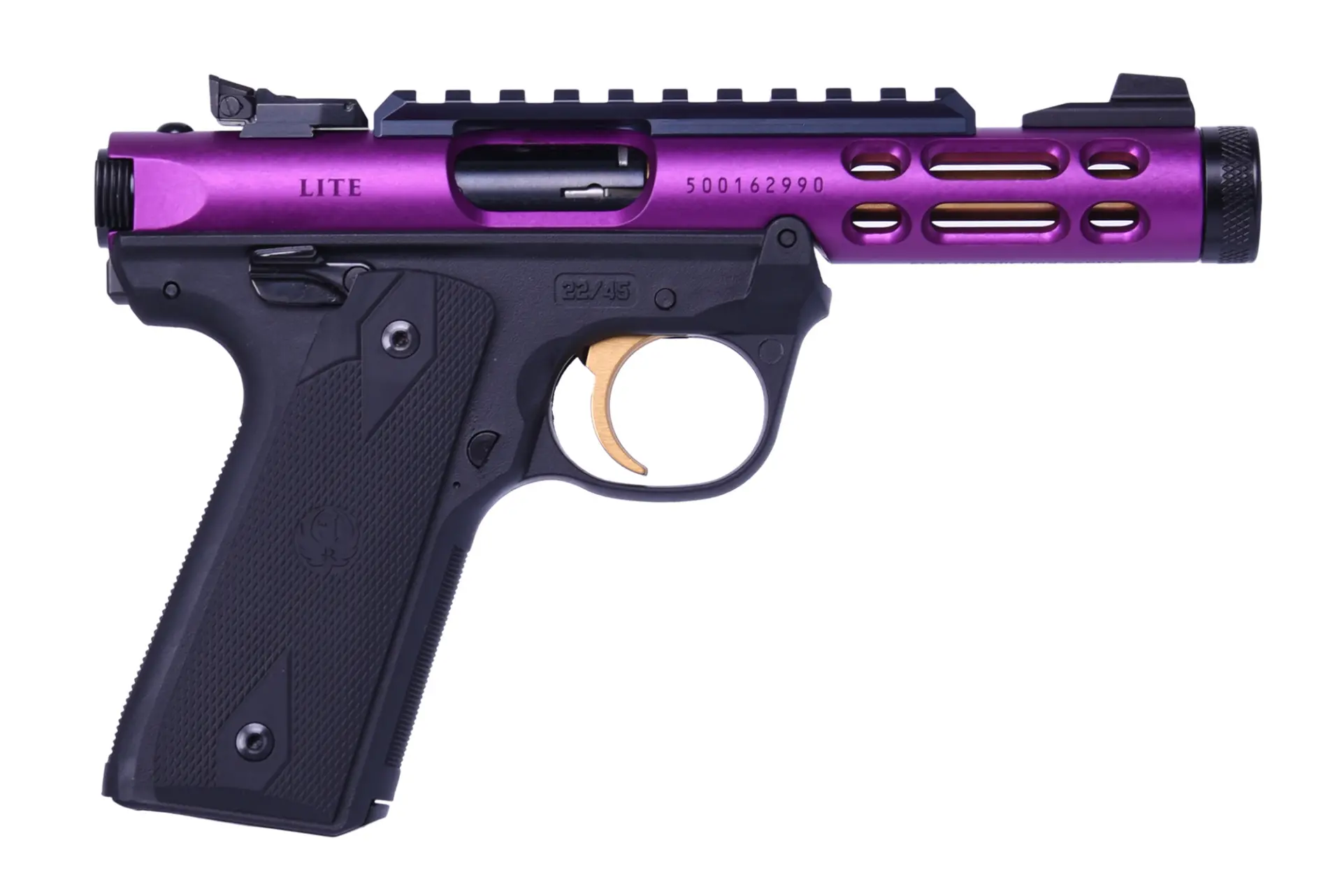 Ruger Mark IV 22/45 Lite .22 LR pistol with 4.4-inch threaded barrel, purple anodized ventilated upper, gold accents, and black polymer grip frame