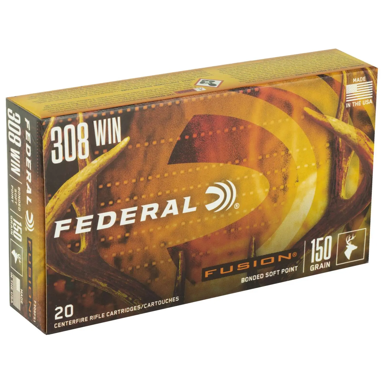 Federal Fusion .308 Winchester 150-grain Soft Point ammunition box with cartridges displayed.