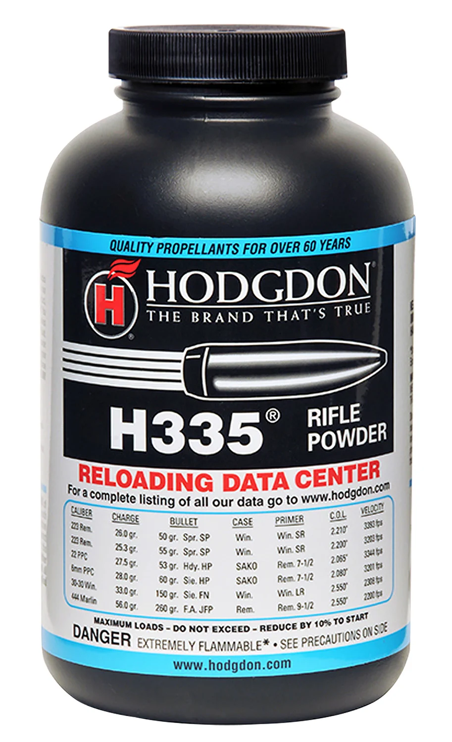 Hodgdon H335 1lb smokeless rifle powder container for .223 Remington and varmint loads