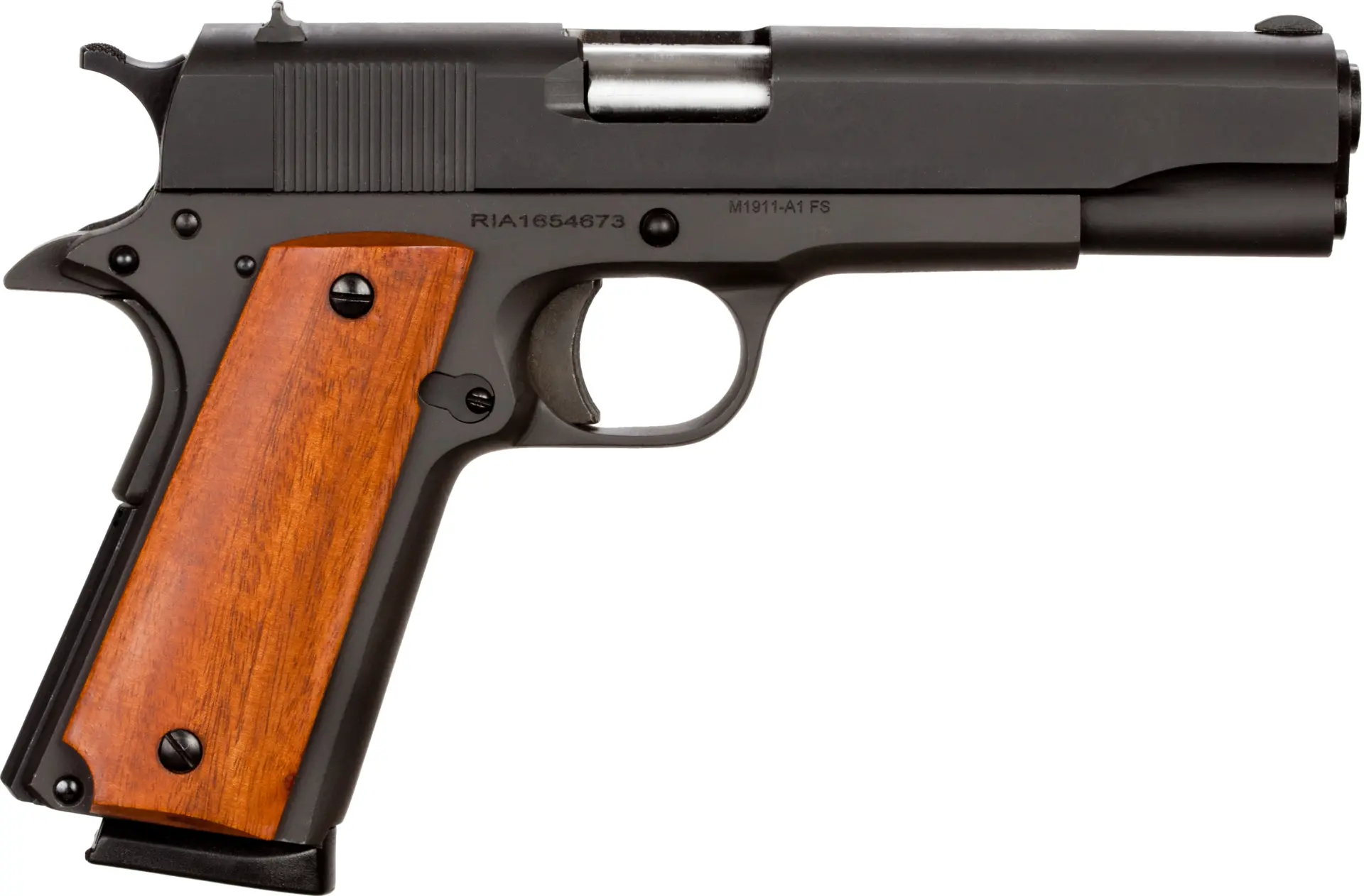 Rock Island Armory M1911-A1 GI full-size 1911 pistol chambered in .45 ACP with 5-inch barrel, parkerized finish, and wood grips