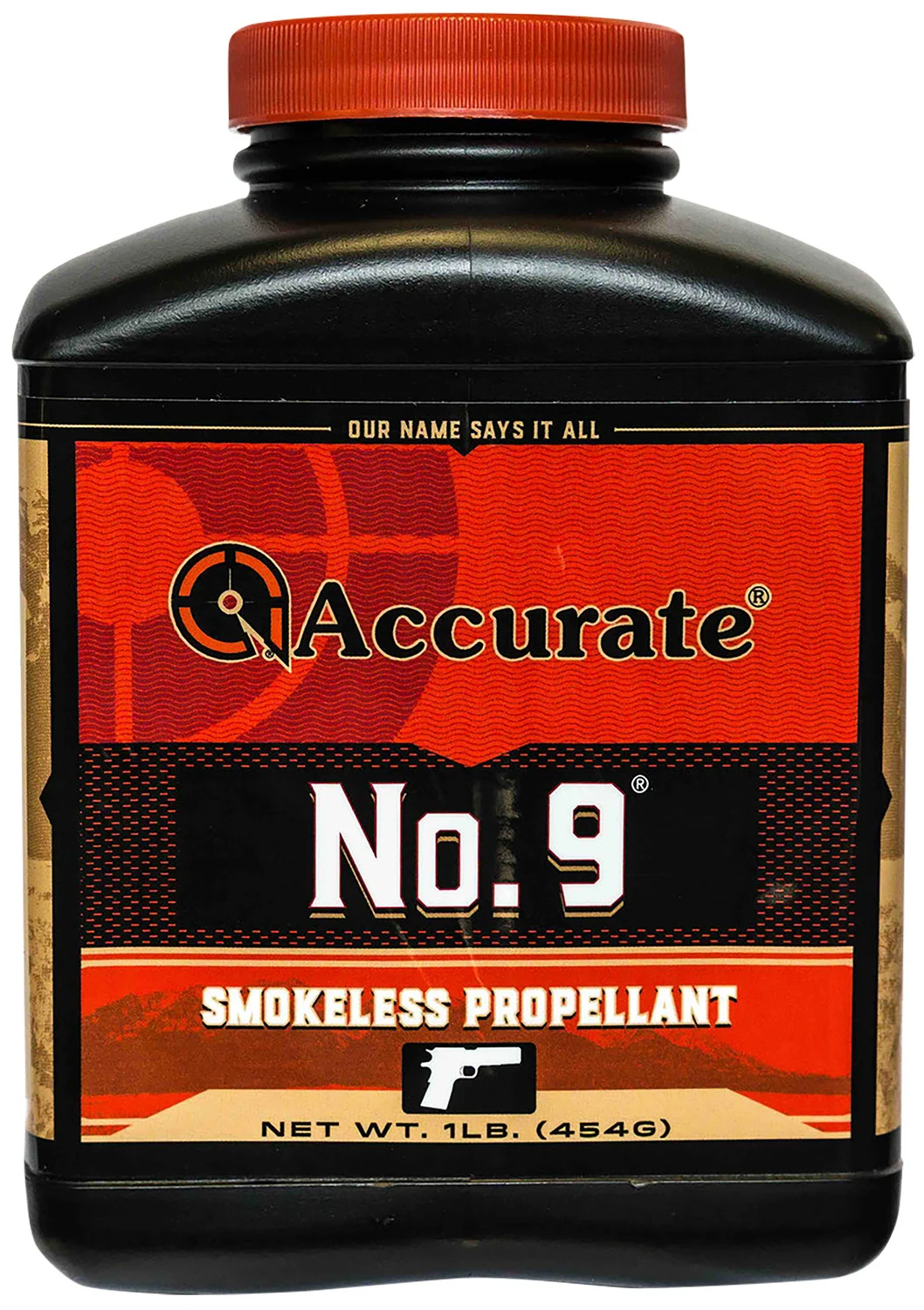 Accurate No. 9 1lb smokeless pistol powder container for magnum handgun cartridges