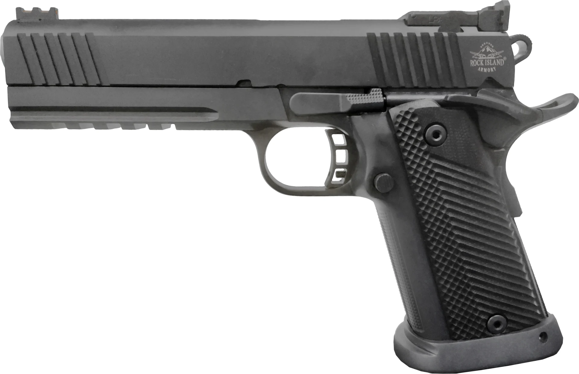 Rock Island Armory Pro Ultra Match HC 1911 pistol chambered in 9mm with 5-inch barrel, parkerized finish, G10 grips, and 17-round double-stack magazine