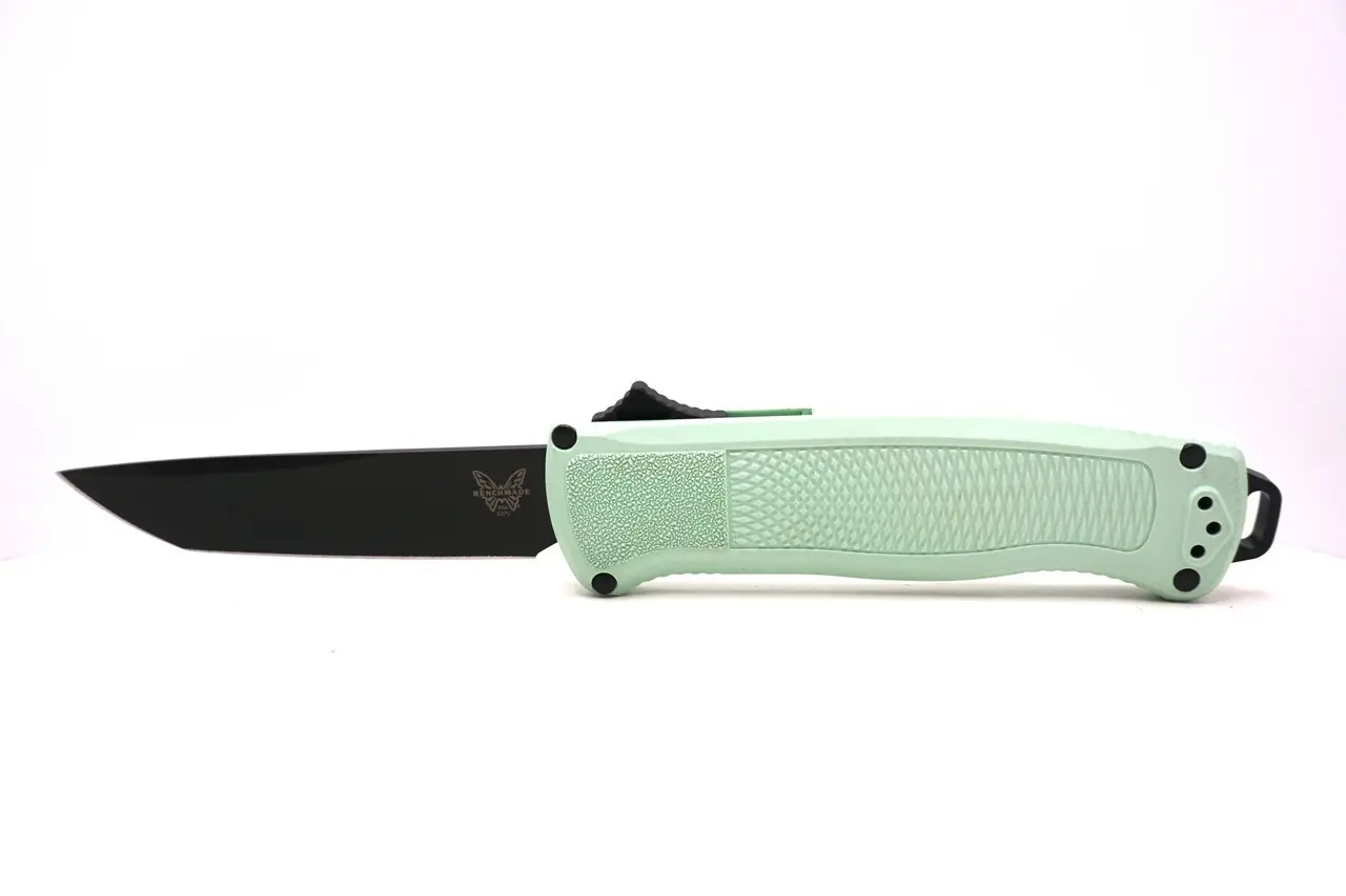 Benchmade Shootout 5370BK-03 OTF Auto Knife with a Sea Foam Grivory handle and black DLC CPM-CruWear blade.