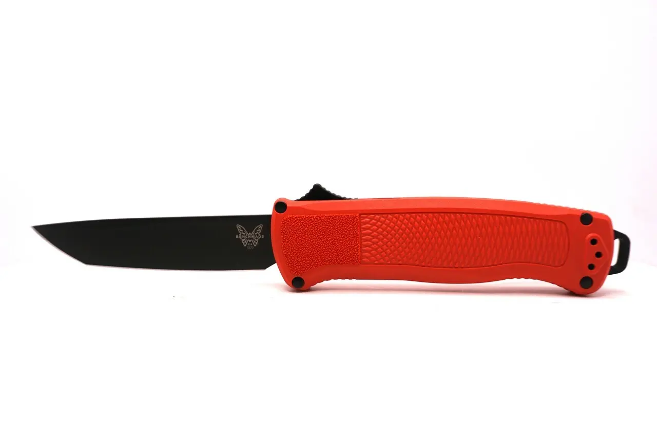 Benchmade 5370BK-04 Shootout OTF Auto Knife with black DLC CPM-CruWear blade and Mesa Red Grivory handle.