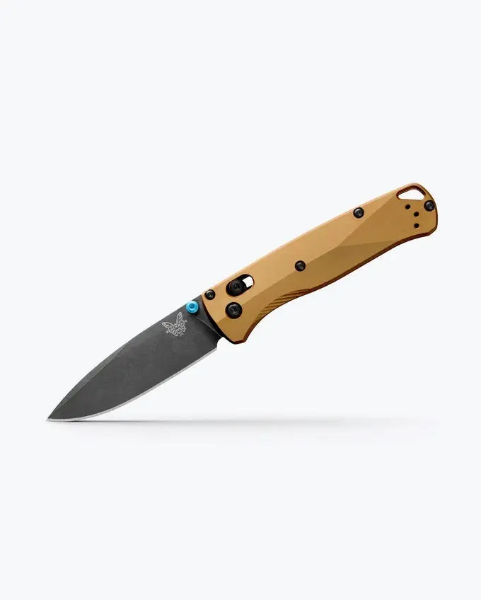 Benchmade Bugout 535BK-07 folding knife with Burnt Brass Aluminum handle and Black DLC-coated M390 blade.