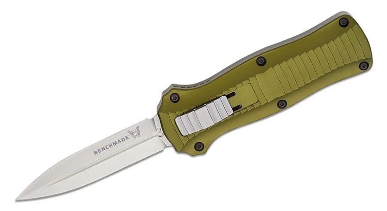 Benchmade Mini Infidel 3350-2302 OTF automatic knife with a stonewashed CPM-S30V double-edged dagger blade and woodland green anodized aluminum handle.