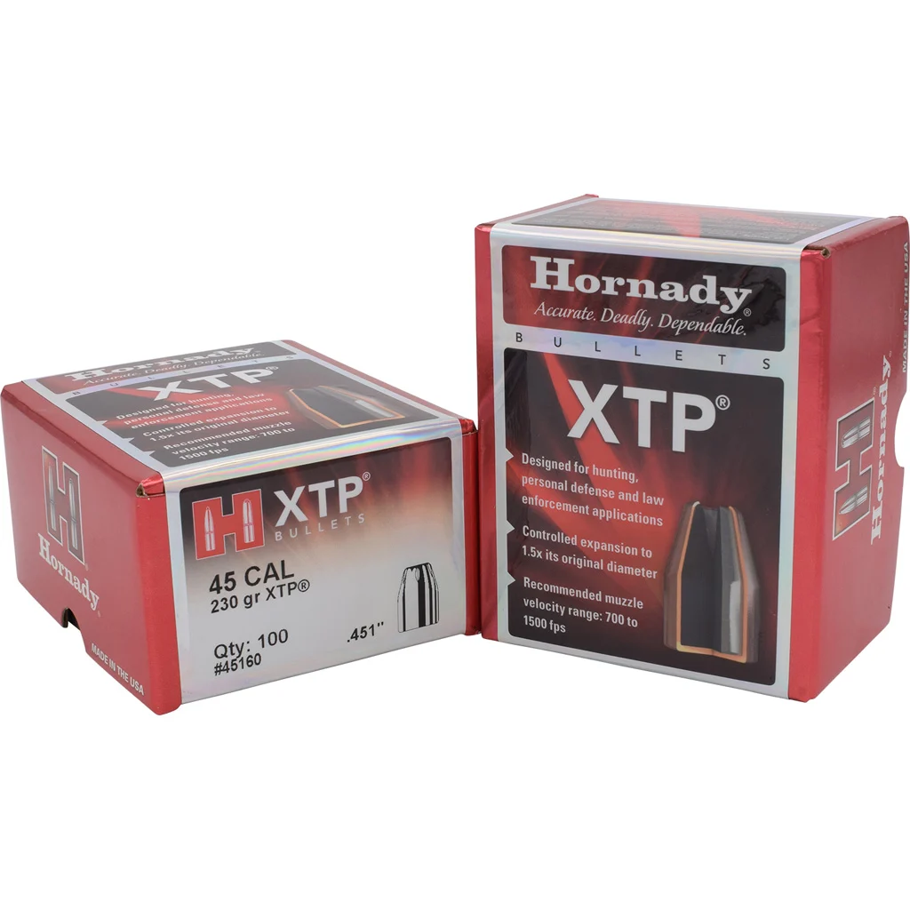 Hornady XTP 45 Cal 230-grain bullets, 100-count box, designed for self-defense and precision shooting with controlled expansion and deep penetration.