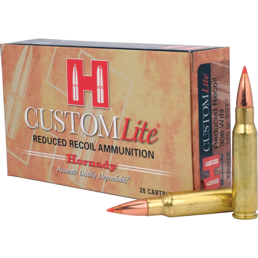 Hornady Custom Lite SST .308 Winchester 125 Grain ammo for reduced recoil and hunting accuracy.