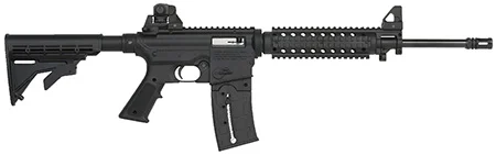 Mossberg 37209 715T Flat Top Tactical .22 LR semi-automatic rifle with 16.25-inch blued carbon steel barrel, blued polymer receiver, black A2 adjustable stock, and 25-round magazine.