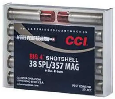 CCI Centerfire Handgun Shotshells .38 Special/.357 Magnum, Shot Size #4, ideal for pest control and close-range use.