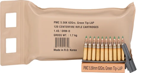 PMC X-TAC 5.56 NATO 62-grain Green Tip Light Armor Piercing (LAP) ammunition in a 120-round battle pack