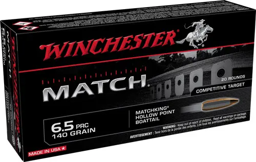 Winchester S65PM Match 6.5 PRC 140 GR Sierra MatchKing BTHP ammunition for precision shooting, 20-round box.