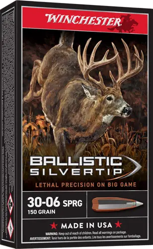 Winchester Supreme Ballistic Silvertip .30-06 Springfield 150-grain ammunition box and cartridge.