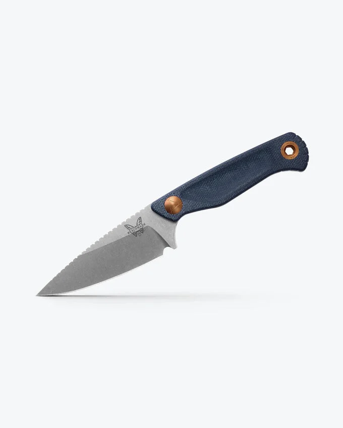 “Benchmade Dacian 203 fixed‑blade knife with blue denim Micarta handle and satin-finish spear‑point blade”