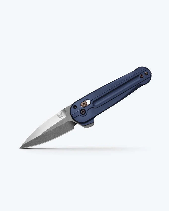 Benchmade Lowden 491 folding knife with Crater Blue aluminum handle and satin M390 spear point blade
