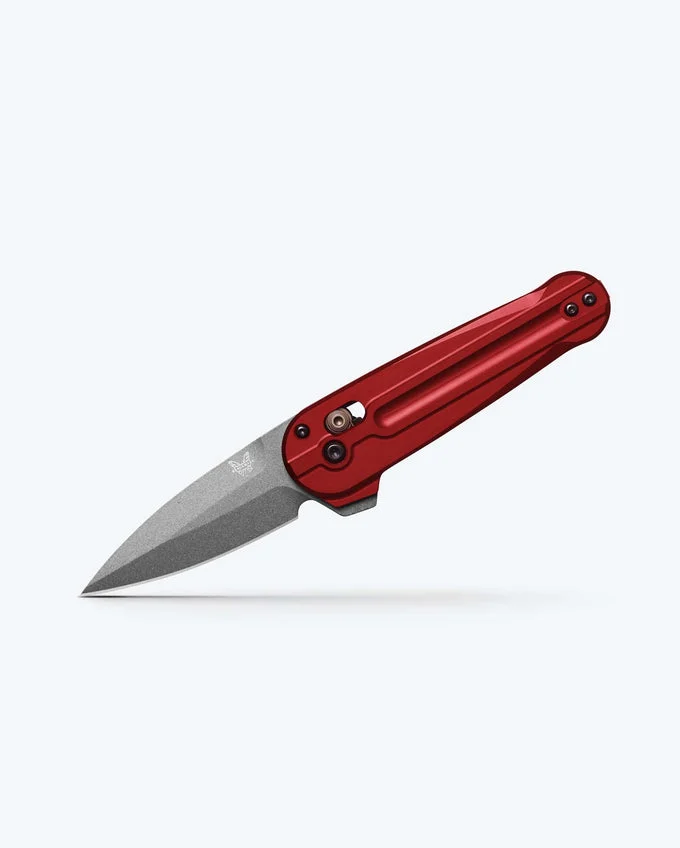 Benchmade Lowden 491GY-01 folding knife with Phoenix Red aluminum handle and satin M390 spear point blade