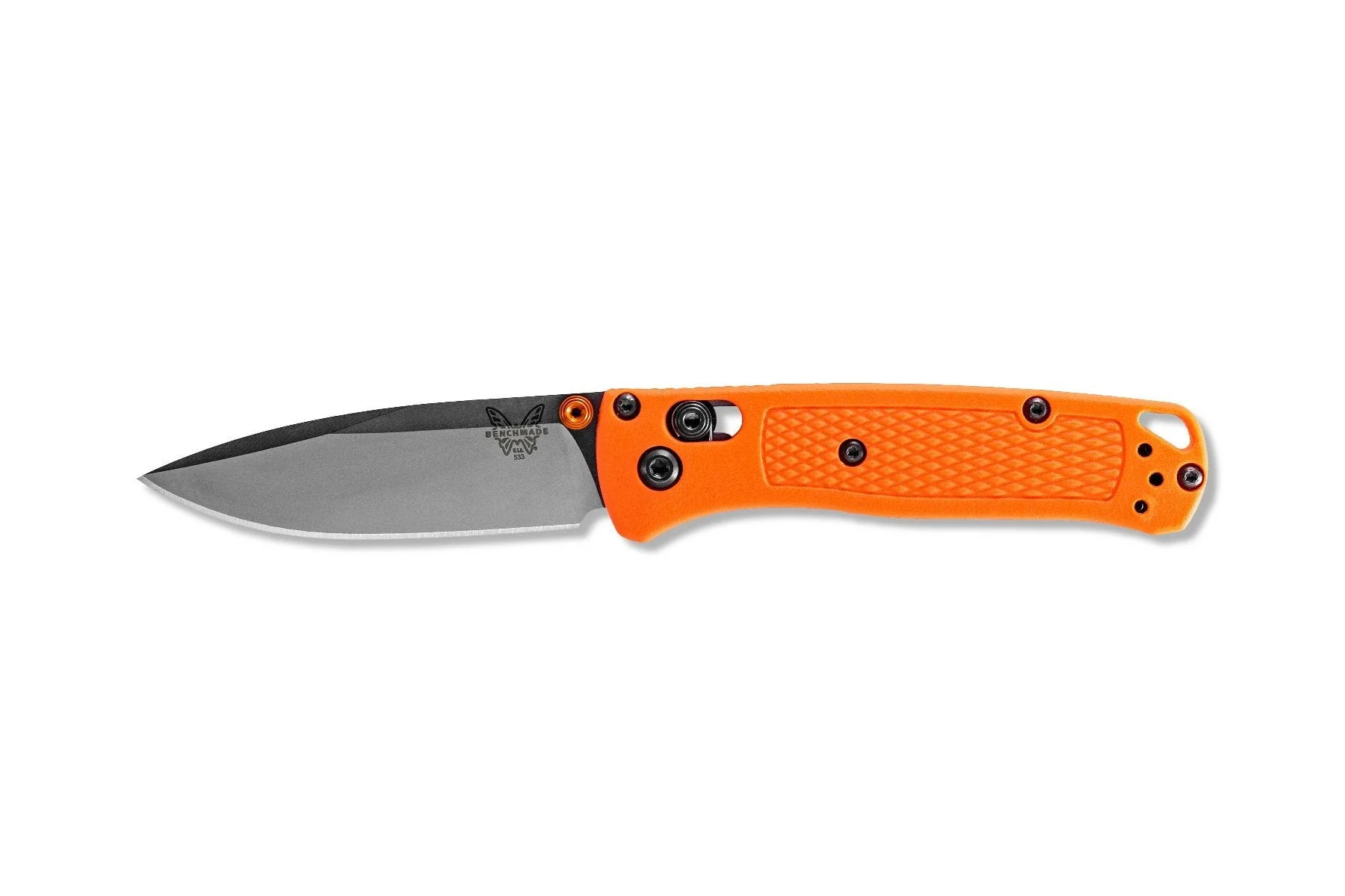 Benchmade Mini Bugout 533 folding knife with blue handle and satin drop-point blade